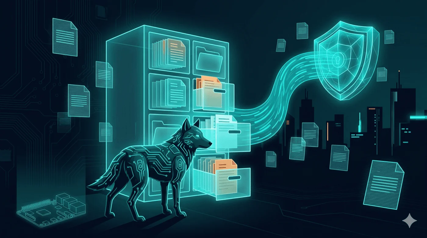 Wolf bewacht einen Aktenschrank mit Backup-Symbol - Paperless-NGX Backup auf dem Raspberry Pi